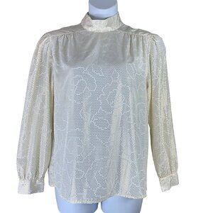 Vintage Mock Neck Shirt Long Sleeved White Gold Polka Dot Blouse Sz 14 Personal